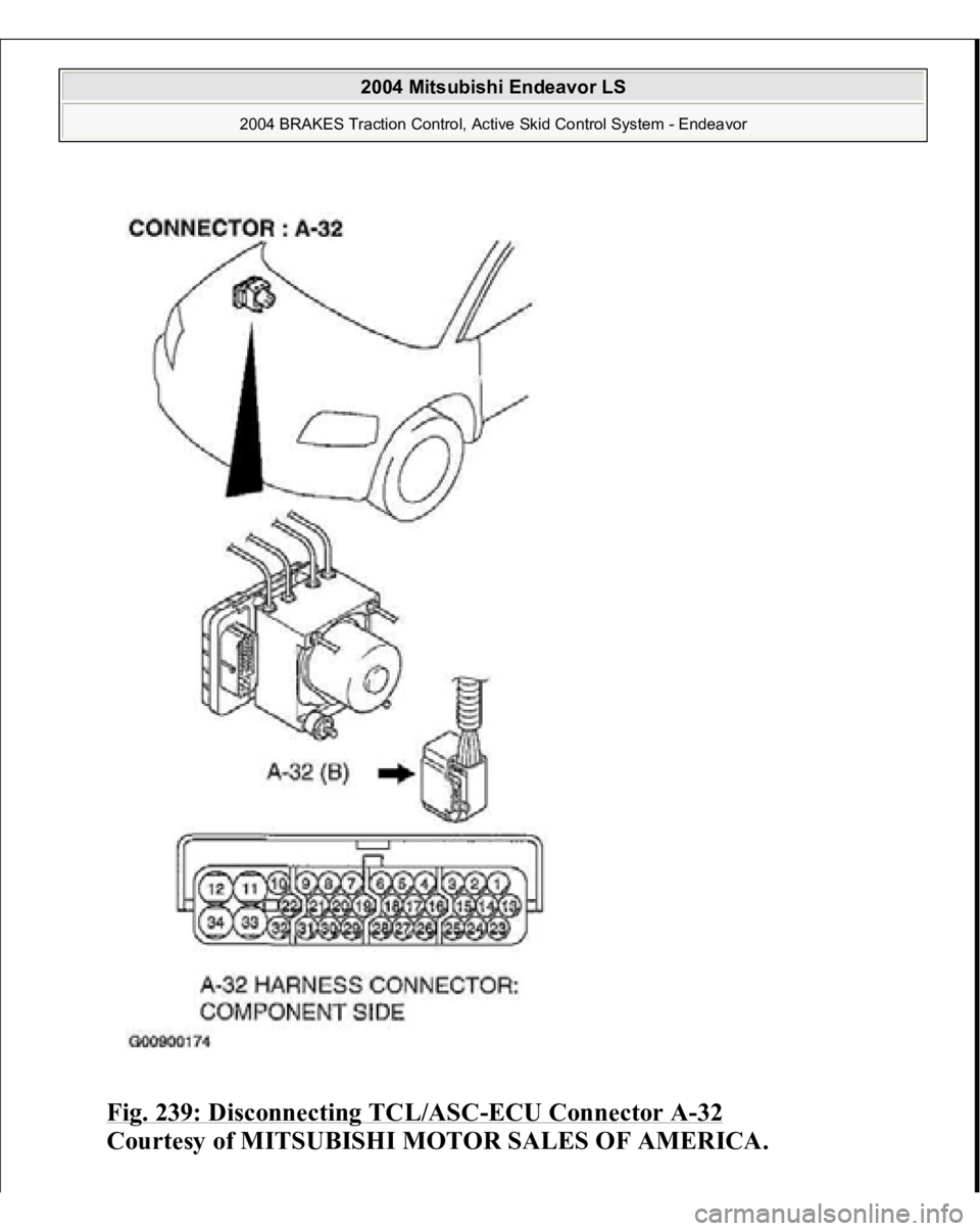 MITSUBISHI ENDEAVOR 2004  Service Repair Manual Fig. 239: Disconnecting TCL/ASC
-ECU Connector A
-32 
Courtesy of MITSUBISHI MOTOR SALES OF AMERICA.
 
2004 Mitsubishi Endeavor LS 
2004 BRAKES Traction Control, Active Skid Control System - Endeavor
