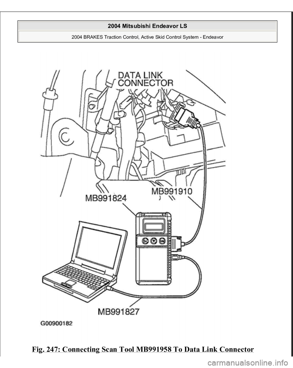 MITSUBISHI ENDEAVOR 2004  Service Repair Manual Fig. 247: Connecting Scan Tool MB991958 To Data Link Connector
 
2004 Mitsubishi Endeavor LS 
2004 BRAKES Traction Control, Active Skid Control System - Endeavor
   