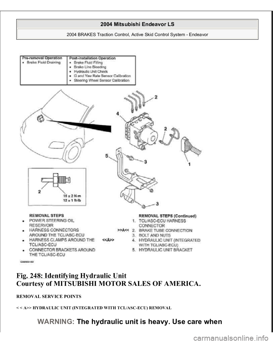MITSUBISHI ENDEAVOR 2004  Service Repair Manual Fig. 248: Identifying Hydraulic Unit
 
Courtesy of MITSUBISHI MOTOR SALES OF AMERICA. 
REMOVAL SERVICE POINTS < < A>> HYDRAULIC UNIT (INTEGRATED WITH TCL/ASC-ECU) REMOVAL 
WARNING:The hydraulic unit i