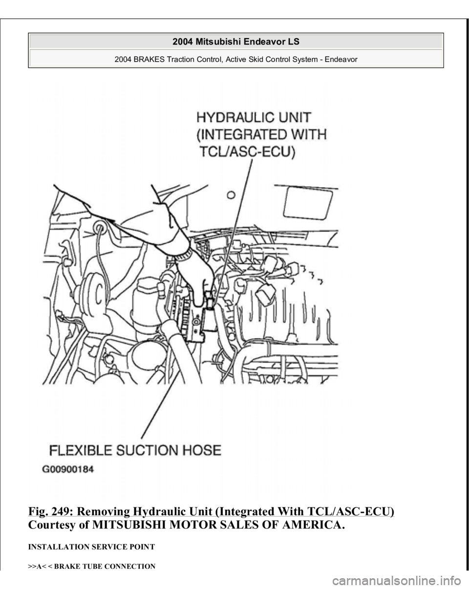 MITSUBISHI ENDEAVOR 2004  Service Repair Manual Fig. 249: Removing Hydraulic Unit (Integrated With TCL/ASC
-ECU)
 
Courtesy of MITSUBISHI MOTOR SALES OF AMERICA. 
INSTALLATION SERVICE POINT >>A< < BRAKE TUBE CONNECTION  
2004 Mitsubishi Endeavor LS