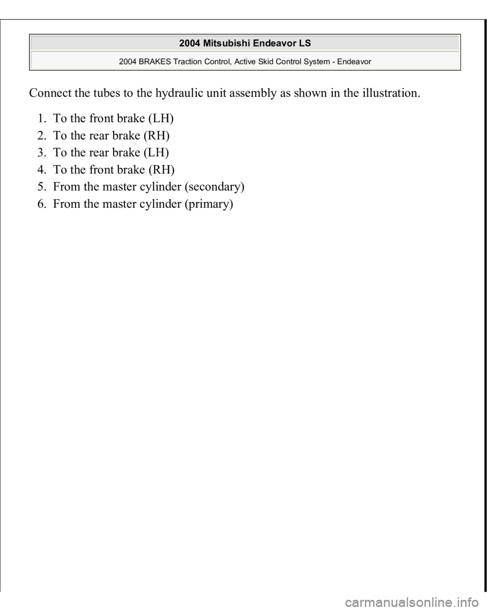 MITSUBISHI ENDEAVOR 2004  Service Repair Manual Connect the tubes to the hydraulic unit assembly as shown in the illustration. 
1. To the front brake (LH)  
2. To the rear brake (RH)  
3. To the rear brake (LH)  
4. To the front brake (RH)  
5. Fro