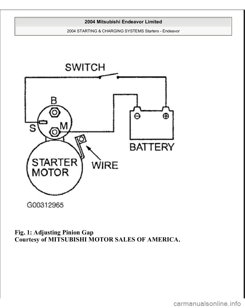 MITSUBISHI ENDEAVOR 2004 Service Repair Manual Fig. 1: Adjusting Pinion Gap
Courtesy of MITSUBISHI MOTOR SALES OF AMERICA.
2004 Mitsubishi Endeavor Limited
2004 STARTING & CHARGING SYSTEMS Starters - Endeavor
MITSUBISHI ENDEAVOR 2004 Service Repair Manual Fig. 1: Adjusting Pinion Gap
Courtesy of MITSUBISHI MOTOR SALES OF AMERICA.
2004 Mitsubishi Endeavor Limited
2004 STARTING & CHARGING SYSTEMS Starters - Endeavor