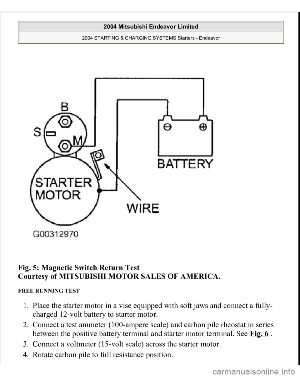 MITSUBISHI ENDEAVOR 2004  Service Repair Manual Fig. 5: Magnetic Switch Return Test
 
Courtesy of MITSUBISHI MOTOR SALES OF AMERICA. 
FREE RUNNING TEST 1. Place the starter motor in a vise equipped with soft jaws and connect a fully-
charged 12-vol