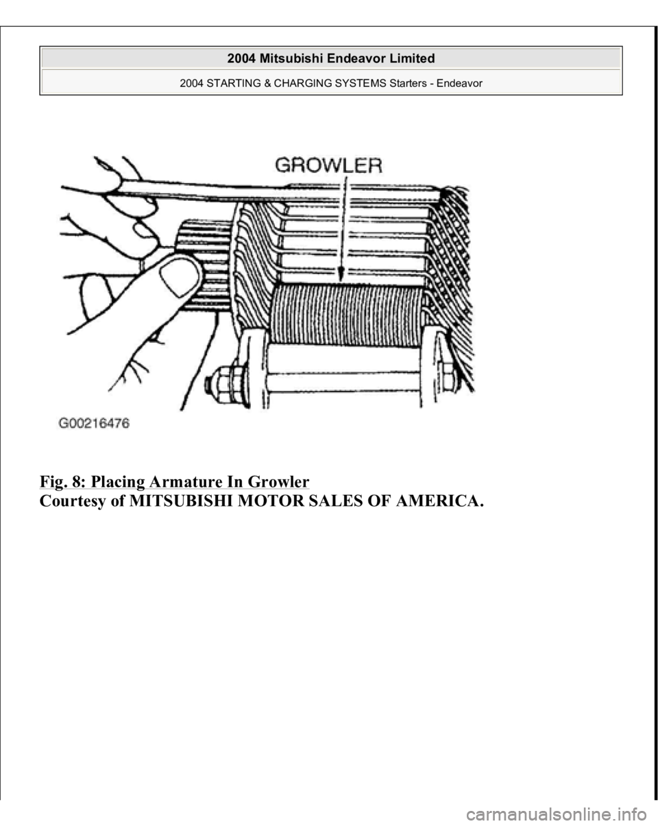 MITSUBISHI ENDEAVOR 2004  Service Repair Manual Fig. 8: Placing Armature In Growler
 
Courtesy of MITSUBISHI MOTOR SALES OF AMERICA.
 
2004 Mitsubishi Endeavor Limited 
2004 STARTING & CHARGING SYSTEMS Starters - Endeavor
   