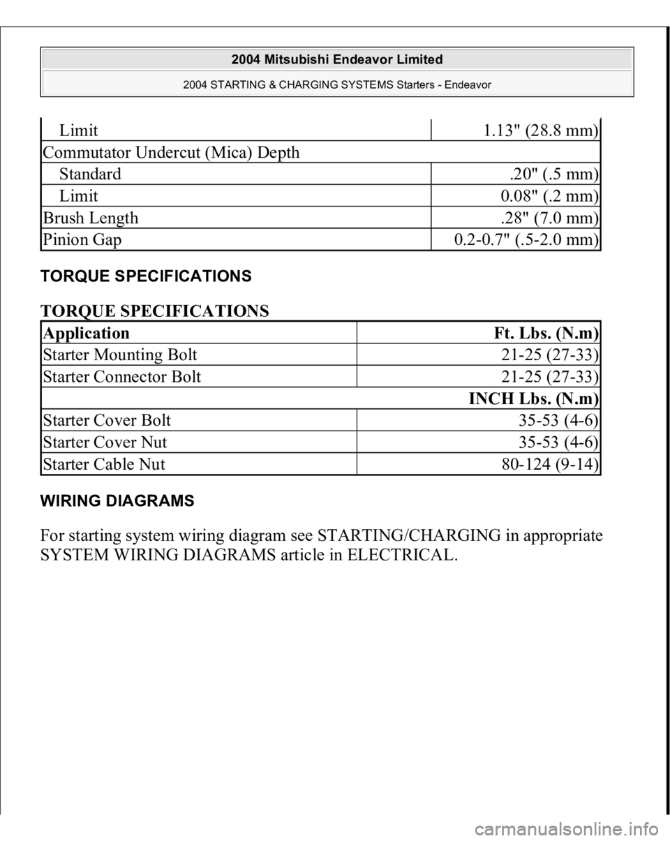 MITSUBISHI ENDEAVOR 2004  Service Repair Manual TORQUE SPECIFICATIONS TORQUE SPECIFICATIONS WIRING DIAGRAMS For starting system wiring diagram see STARTING/CHARGING in appropriate 
SYSTEM WIRING DIAGRAMS article in ELECTRICAL.
Limit
1.13" (28.8