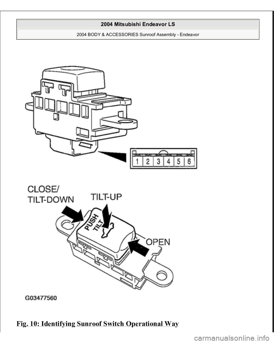 MITSUBISHI ENDEAVOR 2004  Service Repair Manual Fig. 10: Identif
ying Sunroof Switch O
perational Wa
y 
 
2004 Mitsubishi Endeavor LS 
2004 BODY & ACCESSORIES Sunroof Assembly - Endeavor
   