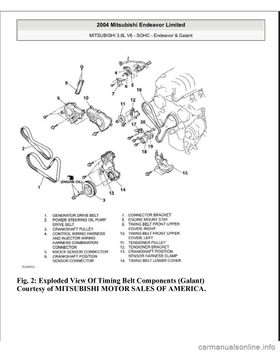 MITSUBISHI ENDEAVOR 2004  Service Repair Manual Fig. 2: Exploded View Of Timing Belt Components (Galant)
 
Courtesy of MITSUBISHI MOTOR SALES OF AMERICA.
 
2004 Mitsubishi Endeavor Limited MITSUBISHI 3.8L V6 - SOHC - Endeavor & Galant
   