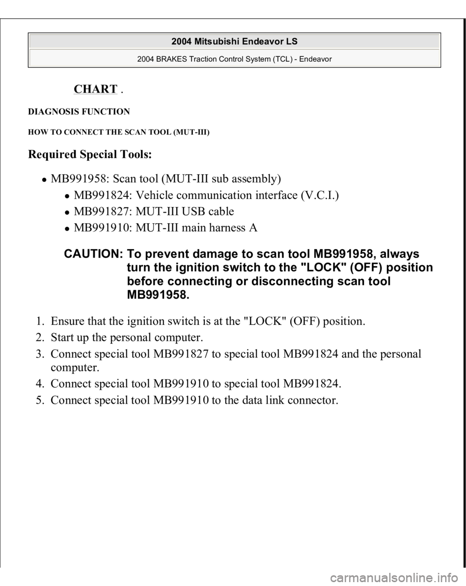 MITSUBISHI ENDEAVOR 2004  Service Repair Manual CHAR
T .  
DIAGNOSIS FUNCTION HOW TO CONNECT THE SCAN TOOL (MUT-III) Required Special Tools:  
MB991958: Scan tool (MUT-III sub assembly) 
MB991824: Vehicle communication interface (V.C.I.)  MB991827: