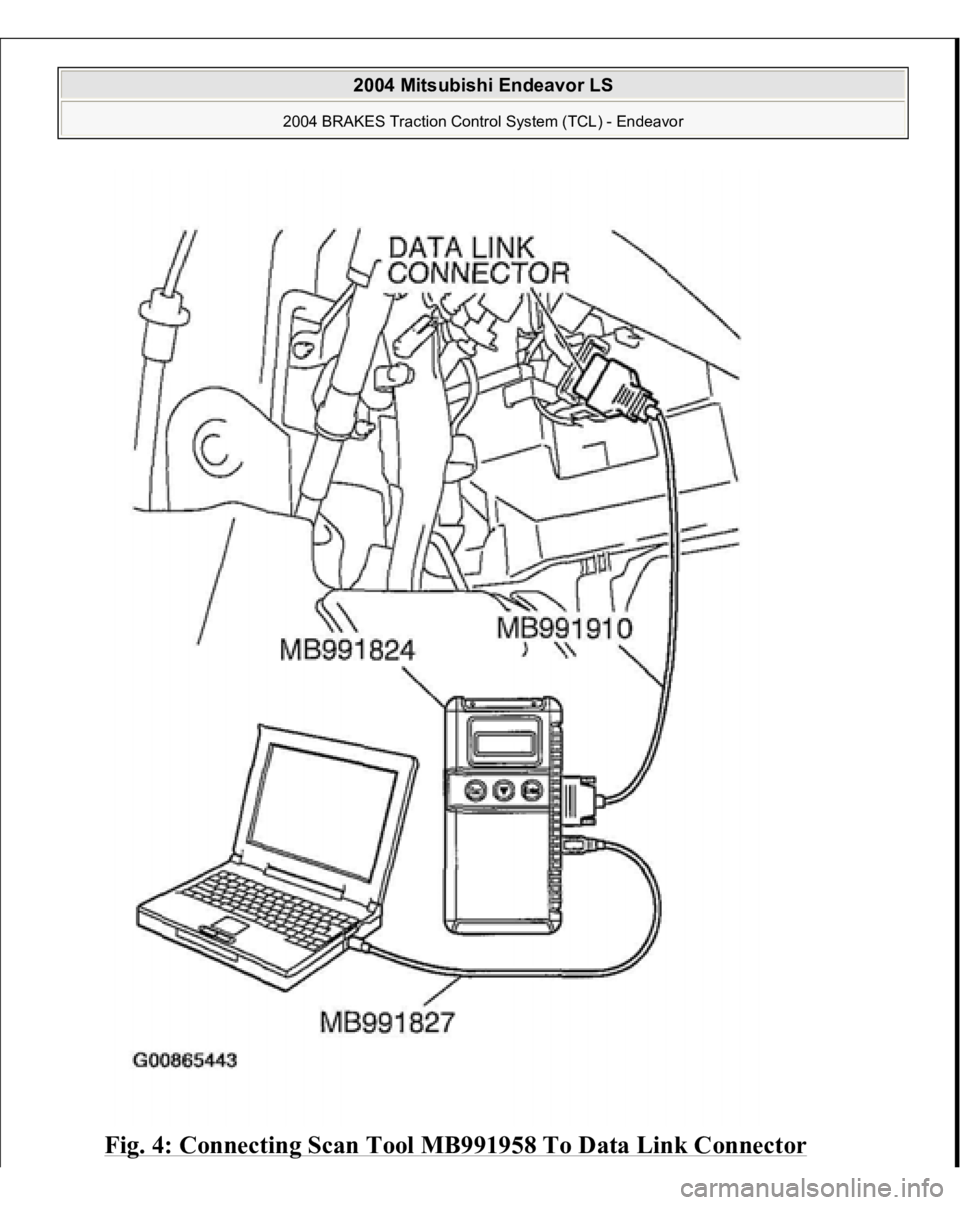 MITSUBISHI ENDEAVOR 2004  Service Repair Manual Fig. 4: Connecting Scan Tool MB991958 To Data Link Connector
 
2004 Mitsubishi Endeavor LS 
2004 BRAKES Traction Control System (TCL) - Endeavor
   