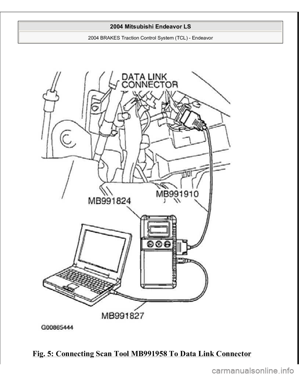 MITSUBISHI ENDEAVOR 2004  Service Repair Manual Fig. 5: Connecting Scan Tool MB991958 To Data Link Connector
 
2004 Mitsubishi Endeavor LS 
2004 BRAKES Traction Control System (TCL) - Endeavor
   
