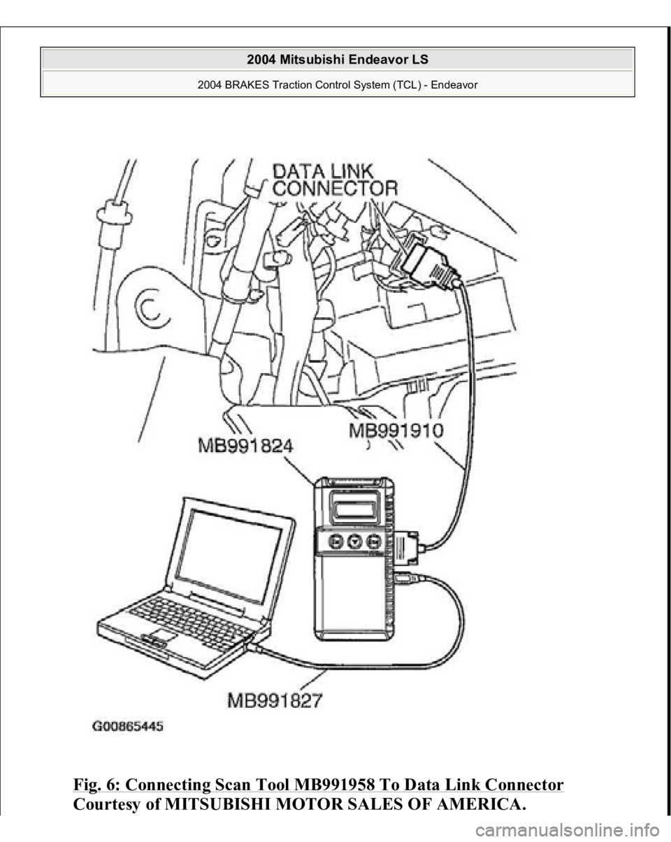 MITSUBISHI ENDEAVOR 2004  Service Repair Manual Fig. 6: Connecting Scan Tool MB991958 To Data Link Connector
 
Courtesy of MITSUBISHI MOTOR SALES OF AMERICA.
 
2004 Mitsubishi Endeavor LS 
2004 BRAKES Traction Control System (TCL) - Endeavor
   