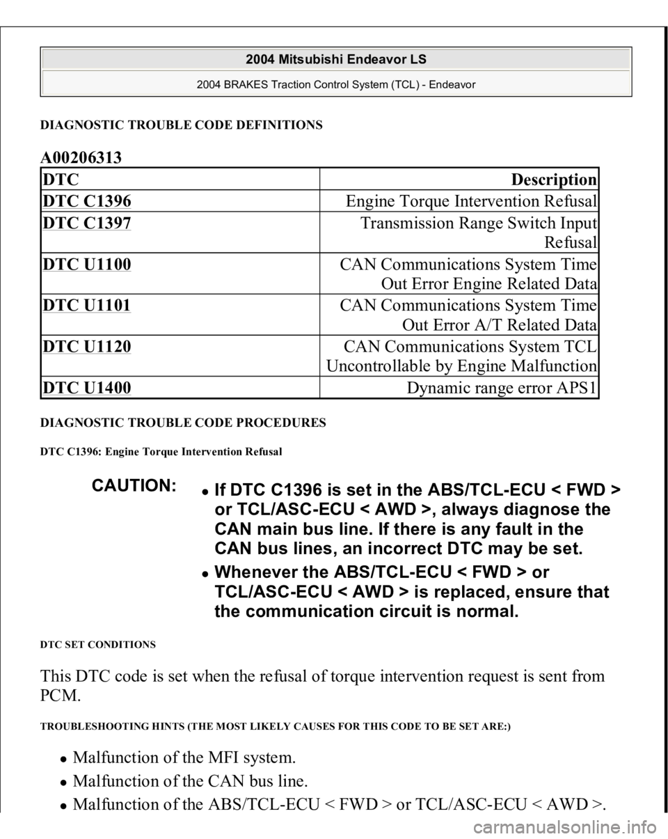 MITSUBISHI ENDEAVOR 2004 Service Repair Manual DIAGNOSTIC TROUBLE CODE DEFINITIONSA00206313 DIAGNOSTIC TROUBLE CODE PROCEDURES DTC C1396: Engine Torque Intervention Refusal DTC SET CONDITIONS This DTC code is set when the refusal of torque interve MITSUBISHI ENDEAVOR 2004 Service Repair Manual DIAGNOSTIC TROUBLE CODE DEFINITIONSA00206313 DIAGNOSTIC TROUBLE CODE PROCEDURES DTC C1396: Engine Torque Intervention Refusal DTC SET CONDITIONS This DTC code is set when the refusal of torque interve