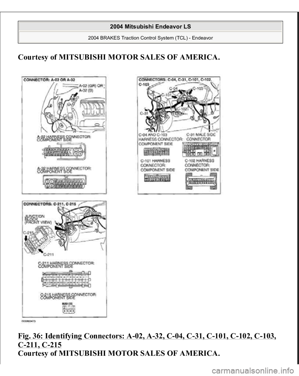 MITSUBISHI ENDEAVOR 2004  Service Repair Manual Courtesy of MITSUBISHI MOTOR SALES OF AMERICA
. 
Fig. 36: Identifying Connectors: A
-02, A
-32, C
-04, C
-31, C
-101, C
-102, C
-103, 
C-211, C
-215
 
Courtesy of MITSUBISHI MOTOR SALES OF AMERICA.
 
