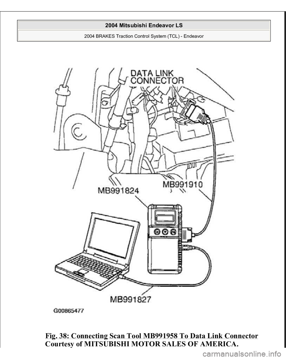 MITSUBISHI ENDEAVOR 2004  Service Repair Manual Fig. 38: Connecting Scan Tool MB991958 To Data Link Connector
 
Courtes
y of MITSUBISHI MOTOR SALES OF AMERICA
.
 
2004 Mitsubishi Endeavor LS 
2004 BRAKES Traction Control System (TCL) - Endeavor
   