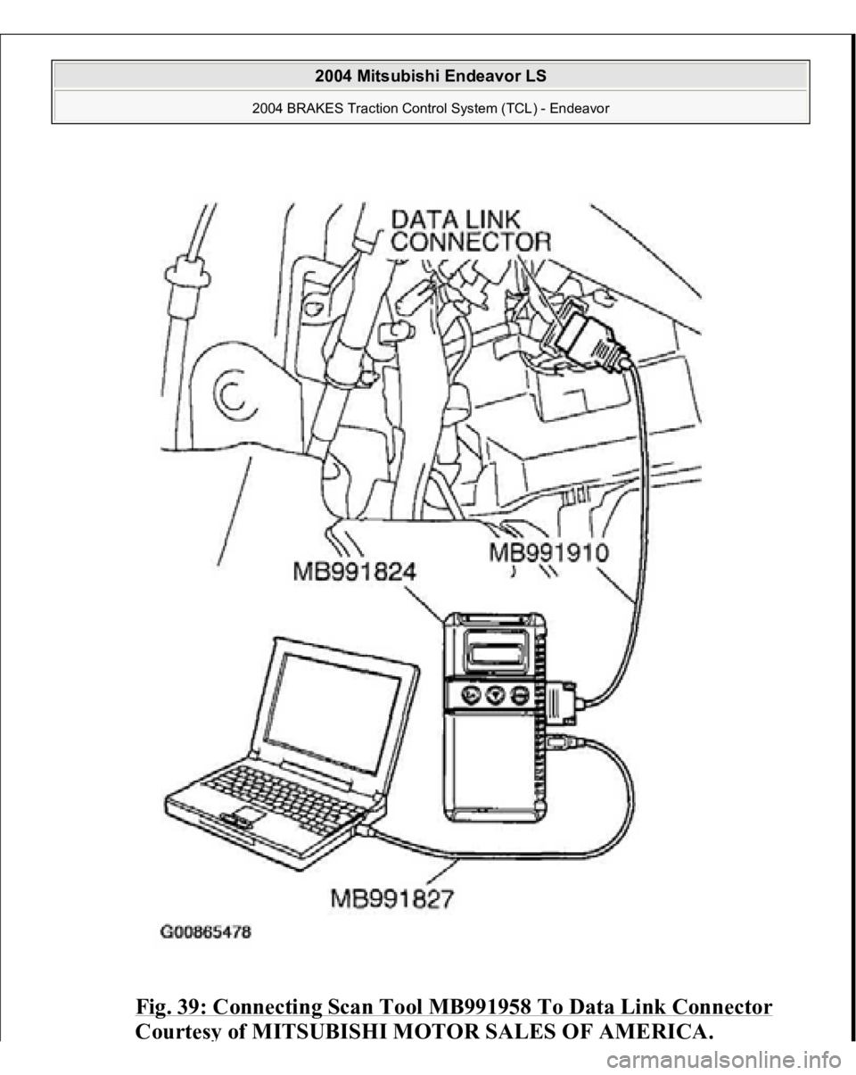 MITSUBISHI ENDEAVOR 2004  Service Repair Manual Fig. 39: Connecting Scan Tool MB991958 To Data Link Connector
 
Courtes
y of MITSUBISHI MOTOR SALES OF AMERICA
.
 
2004 Mitsubishi Endeavor LS 
2004 BRAKES Traction Control System (TCL) - Endeavor
   