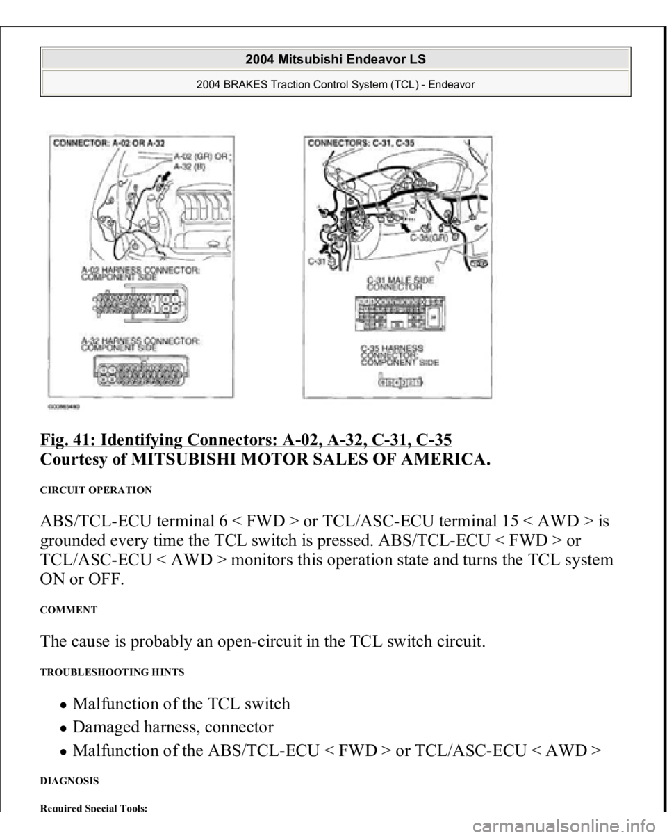 MITSUBISHI ENDEAVOR 2004  Service Repair Manual Fig. 41: Identifying Connectors: A
-02, A
-32, C
-31, C
-35 
Courtesy of MITSUBISHI MOTOR SALES OF AMERICA. 
CIRCUIT OPERATION ABS/TCL-ECU terminal 6 < FWD > or TCL/ASC-ECU terminal 15 < AWD > is 
gro