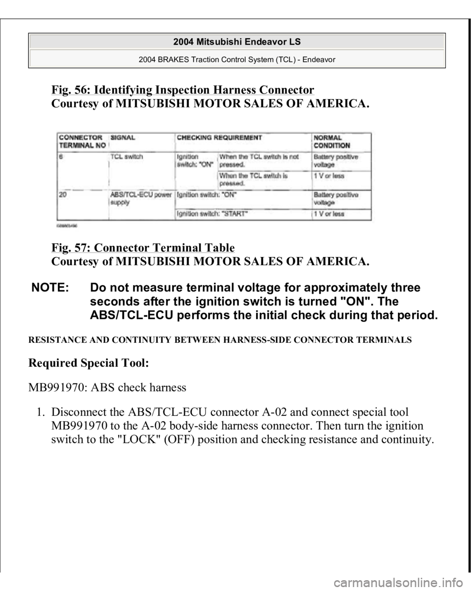 MITSUBISHI ENDEAVOR 2004  Service Repair Manual Fig. 56: Identifying Inspection Harness Connector
 
Courtesy of MITSUBISHI MOTOR SALES OF AMERICA. 
Fig. 57: 
Connector Terminal Table
 
Courtesy of MITSUBISHI MOTOR SALES OF AMERICA. 
RESISTANCE AND 