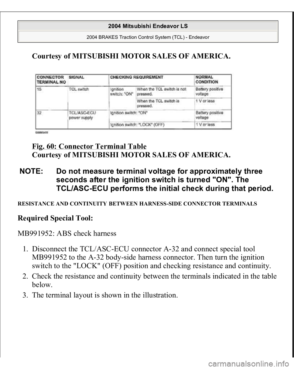 MITSUBISHI ENDEAVOR 2004  Service Repair Manual Courtesy of MITSUBISHI MOTOR SALES OF AMERICA
. 
Fig. 60: Connector Terminal Table
 
Courtesy of MITSUBISHI MOTOR SALES OF AMERICA. 
RESISTANCE AND CONTINUITY BETWEEN HARNESS-SIDE CONNECTOR TERMINALS 
