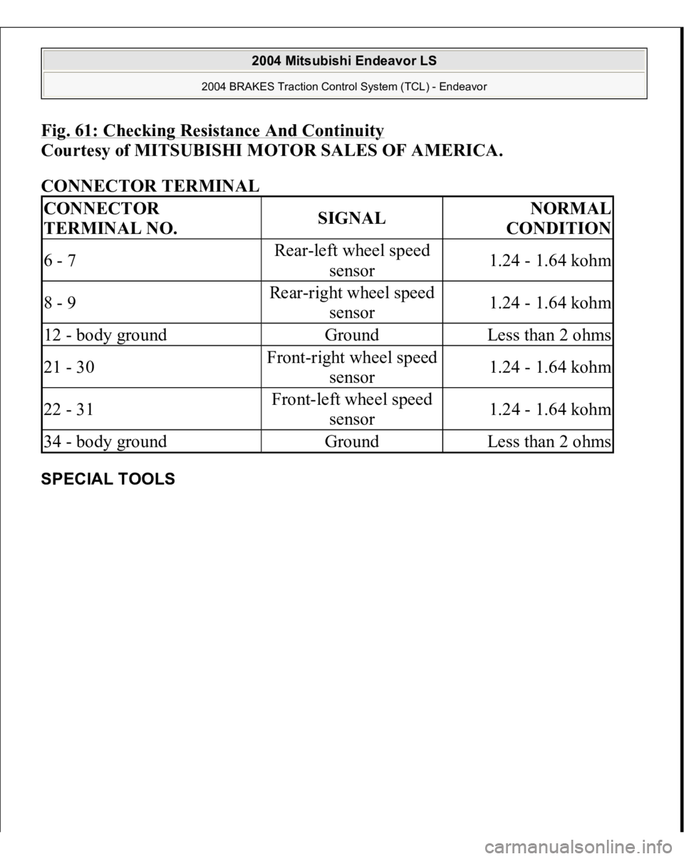 MITSUBISHI ENDEAVOR 2004  Service Repair Manual Fig. 61: Checking Resistance And Continuity
 
Courtesy of MITSUBISHI MOTOR SALES OF AMERICA. 
CONNECTOR TERMINAL 
SPECIAL TOOLS CONNECTOR 
TERMINAL NO.
SIGNAL
NORMAL 
CONDITION
6 - 7
Rear-left wheel s