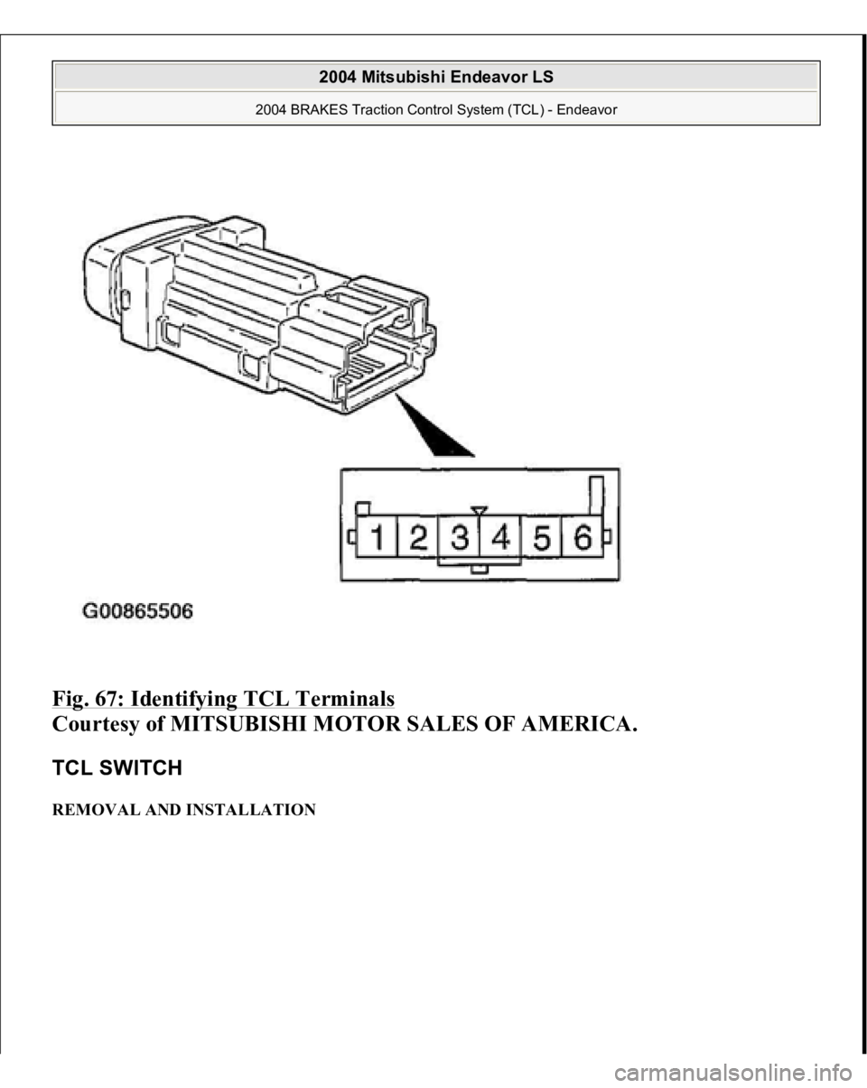 MITSUBISHI ENDEAVOR 2004  Service Repair Manual Fig. 67: Identifying TCL Terminals
 
Courtesy of MITSUBISHI MOTOR SALES OF AMERICA. 
TCL SWITCH REMOVAL AND INSTALLATION 
2004 Mitsubishi Endeavor LS 
2004 BRAKES Traction Control System (TCL) - Endea