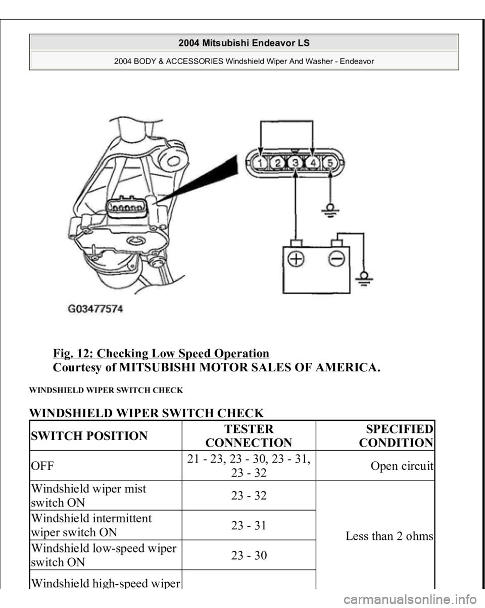 MITSUBISHI ENDEAVOR 2004  Service Repair Manual Fig. 12: Checking Low Speed Operation
 
Courtesy of MITSUBISHI MOTOR SALES OF AMERICA. 
WINDSHIELD WIPER SWITCH CHECK WINDSHIELD WIPER SWITCH CHECK SWITCH POSITION
TESTER 
CONNECTION
SPECIFIED 
CONDIT