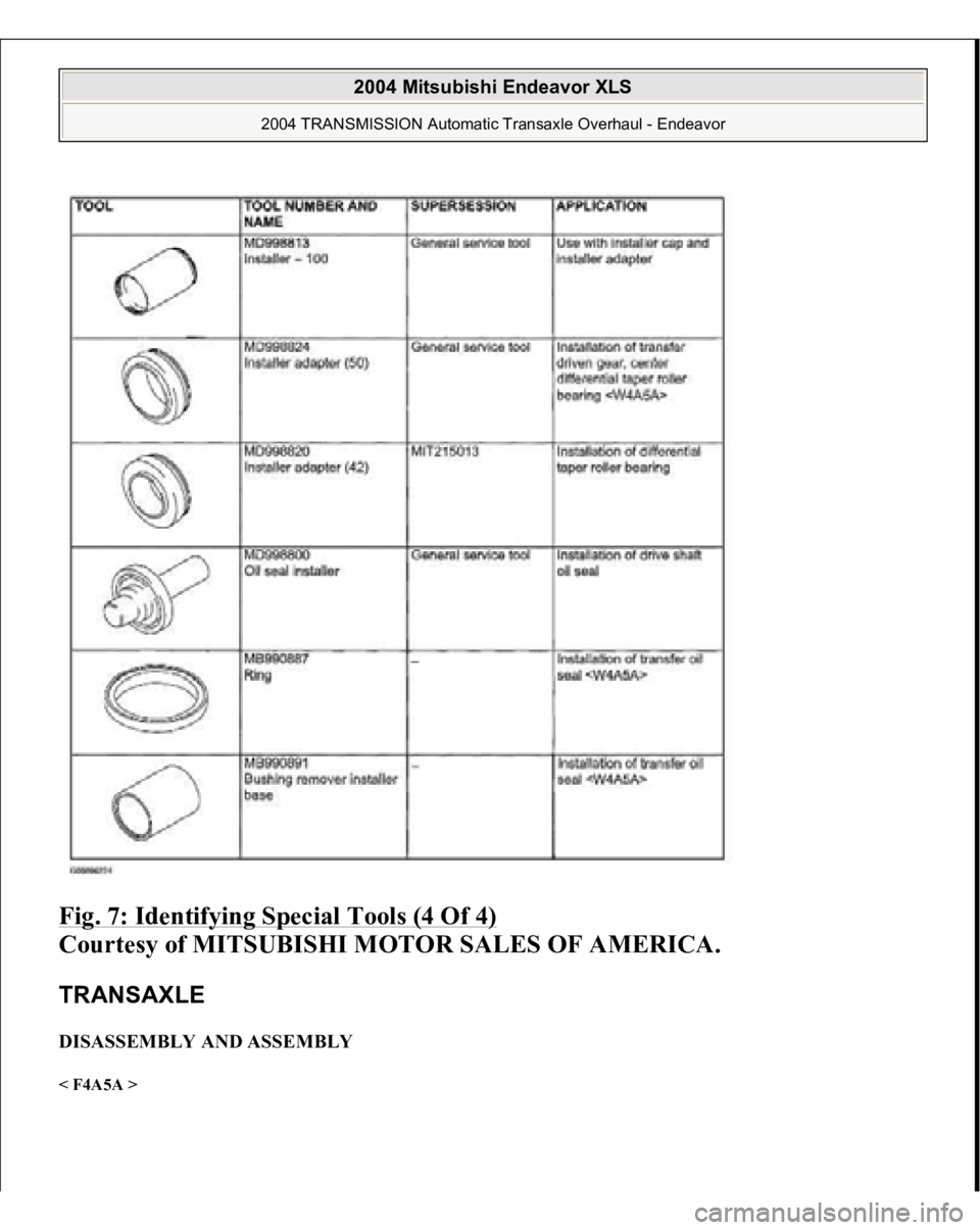 MITSUBISHI ENDEAVOR 2004  Service Repair Manual Fig. 7: Identifying Special Tools (4 Of 4)
 
Courtesy of MITSUBISHI MOTOR SALES OF AMERICA. 
TRANSAXLE DISASSEMBLY AND ASSEMBLY < F4A5A >  
2004 Mitsubishi Endeavor XLS 
2004 TRANSMISSION Automatic Tr