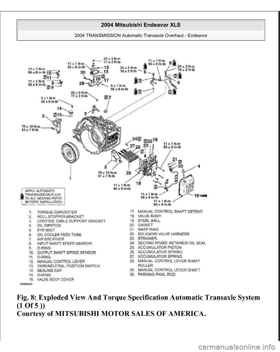 MITSUBISHI ENDEAVOR 2004  Service Repair Manual Fig. 8: Exploded View And Torque Specification Automatic Transaxle System (1 Of 5 ))
 
Courtesy of MITSUBISHI MOTOR SALES OF AMERICA
.
 
2004 Mitsubishi Endeavor XLS 
2004 TRANSMISSION Automatic Trans