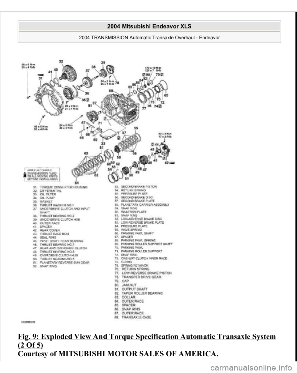 MITSUBISHI ENDEAVOR 2004  Service Repair Manual Fig. 9: Exploded View And Torque Specification Automatic Transaxle System (2 Of 5)
 
Courtesy of MITSUBISHI MOTOR SALES OF AMERICA.
 
2004 Mitsubishi Endeavor XLS 
2004 TRANSMISSION Automatic Transaxl