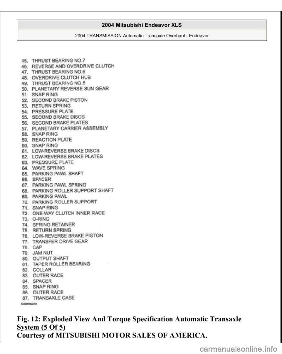 MITSUBISHI ENDEAVOR 2004  Service Repair Manual Fig. 12: Exploded View And Torque Specification Automatic Transaxle System (5 Of 5)
 
Courtesy of MITSUBISHI MOTOR SALES OF AMERICA.
 
2004 Mitsubishi Endeavor XLS 
2004 TRANSMISSION Automatic Transax
