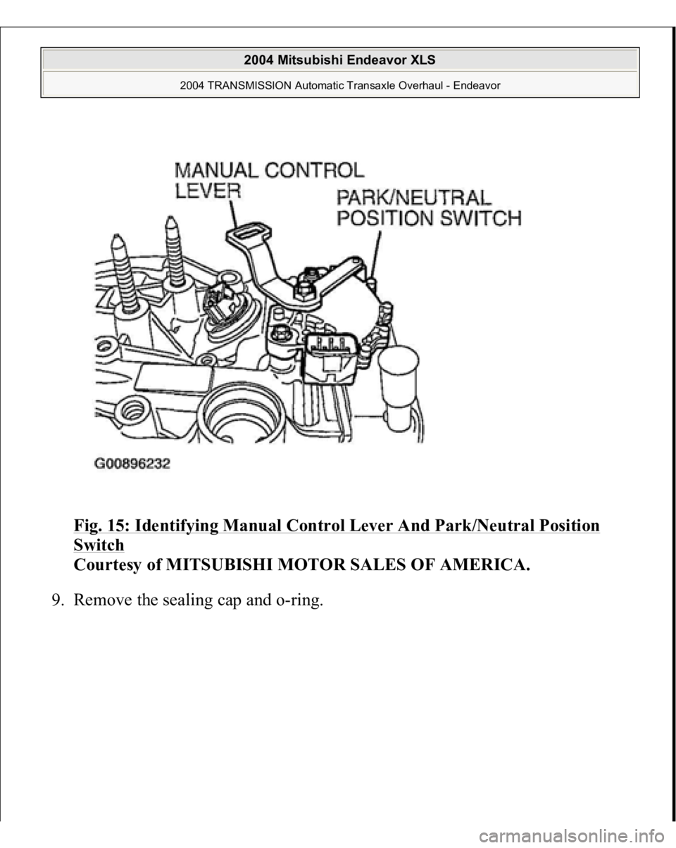 MITSUBISHI ENDEAVOR 2004  Service Repair Manual Fig. 15: Identifying Manual Control Lever And Park/Neutral Position Switch
 
Courtesy of MITSUBISHI MOTOR SALES OF AMERICA. 
9. Remove the sealing cap and o-ring. 
 
2004 Mitsubishi Endeavor XLS 
2004