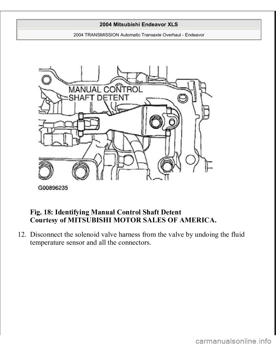 MITSUBISHI ENDEAVOR 2004  Service Repair Manual Fig. 18: Identifying Manual Control Shaft Detent
 
Courtesy of MITSUBISHI MOTOR SALES OF AMERICA. 
12. Disconnect the solenoid valve harness from the valve by undoing the fluid 
tem
perature sensor an