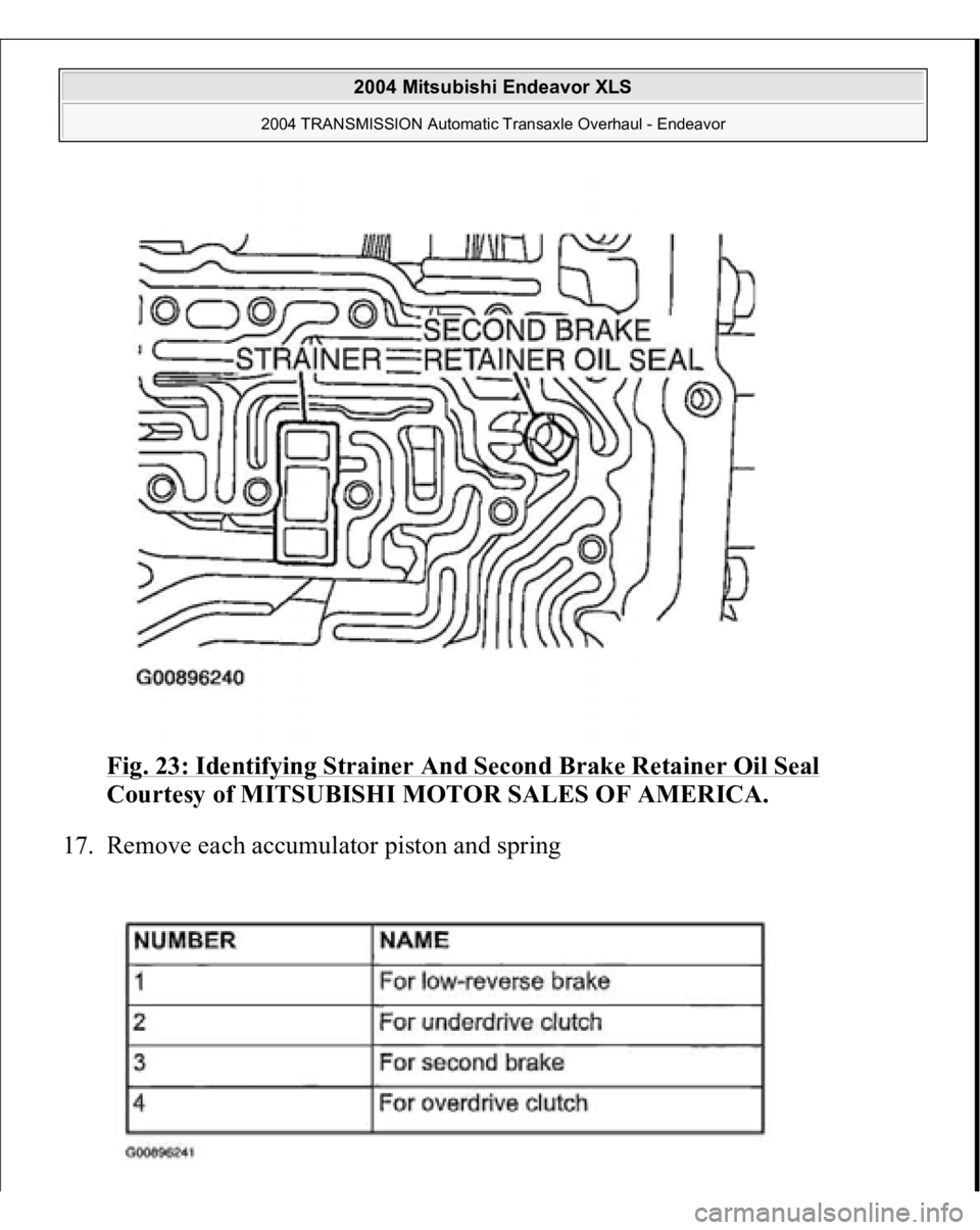 MITSUBISHI ENDEAVOR 2004  Service Repair Manual Fig. 23: Identifying Strainer And Second Brake Retainer Oil Seal
 
Courtesy of MITSUBISHI MOTOR SALES OF AMERICA. 
17. Remove each accumulator piston and spring 
 
2004 Mitsubishi Endeavor XLS 
2004 T