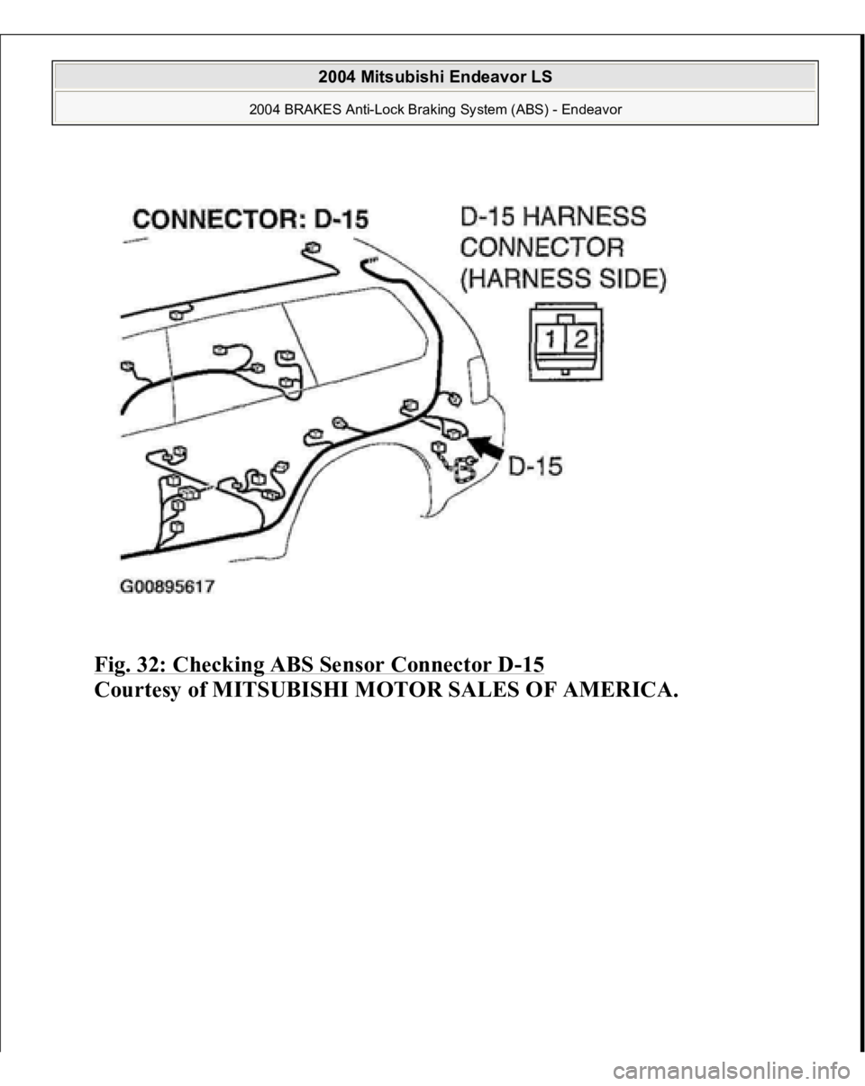 MITSUBISHI ENDEAVOR 2004 Service User Guide Fig. 32: Checking ABS Sensor Connector D
-15
Courtesy of MITSUBISHI MOTOR SALES OF AMERICA.
2004 Mitsubishi Endeavor LS
2004 BRAKES Anti-Lock Braking System (ABS) - Endeavor
MITSUBISHI ENDEAVOR 2004 Service User Guide Fig. 32: Checking ABS Sensor Connector D
-15
Courtesy of MITSUBISHI MOTOR SALES OF AMERICA.
2004 Mitsubishi Endeavor LS
2004 BRAKES Anti-Lock Braking System (ABS) - Endeavor