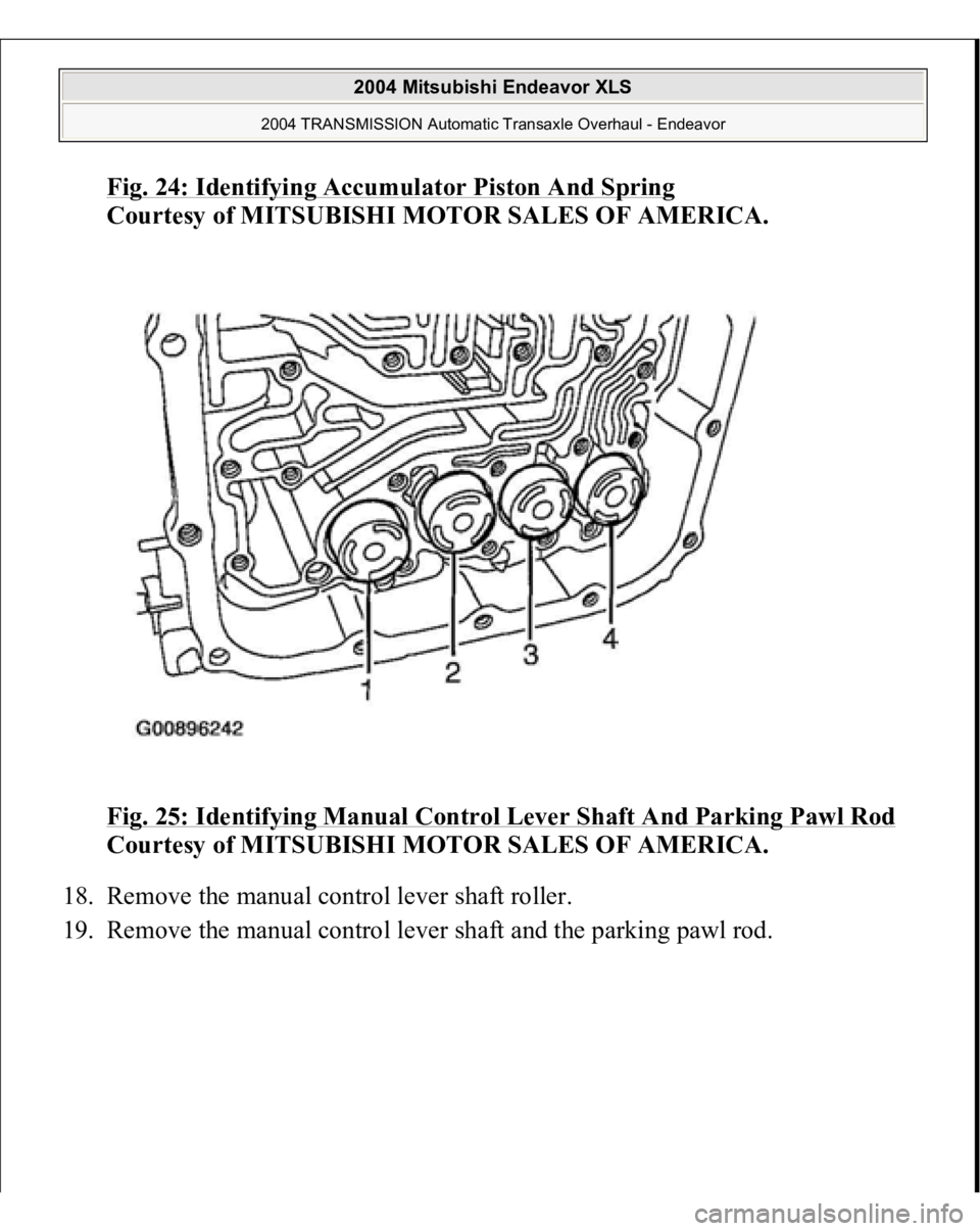 MITSUBISHI ENDEAVOR 2004  Service Repair Manual Fig. 24: Identifying Accumulator Piston And Spring
 
Courtesy of MITSUBISHI MOTOR SALES OF AMERICA. 
Fig. 25: Identifying Manual Control Lever Shaft And Parking Pawl Rod
 
Courtesy of MITSUBISHI MOTOR