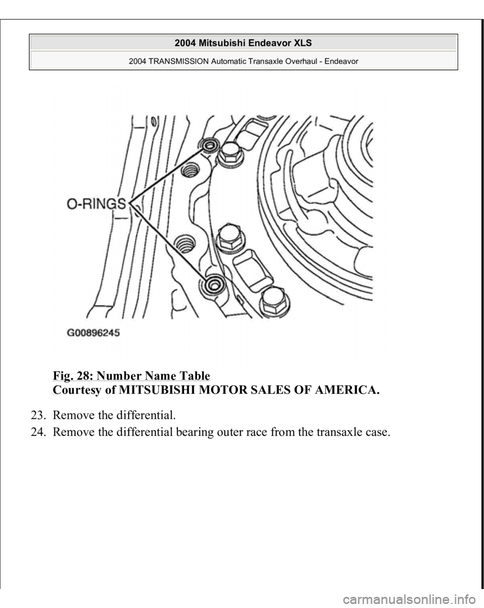 MITSUBISHI ENDEAVOR 2004  Service Repair Manual Fig. 28: Number Name Table
 
Courtesy of MITSUBISHI MOTOR SALES OF AMERICA. 
23. Remove the differential.  
24. Remove the differential bearing outer race from the transaxle case. 
 
2004 Mitsubishi E