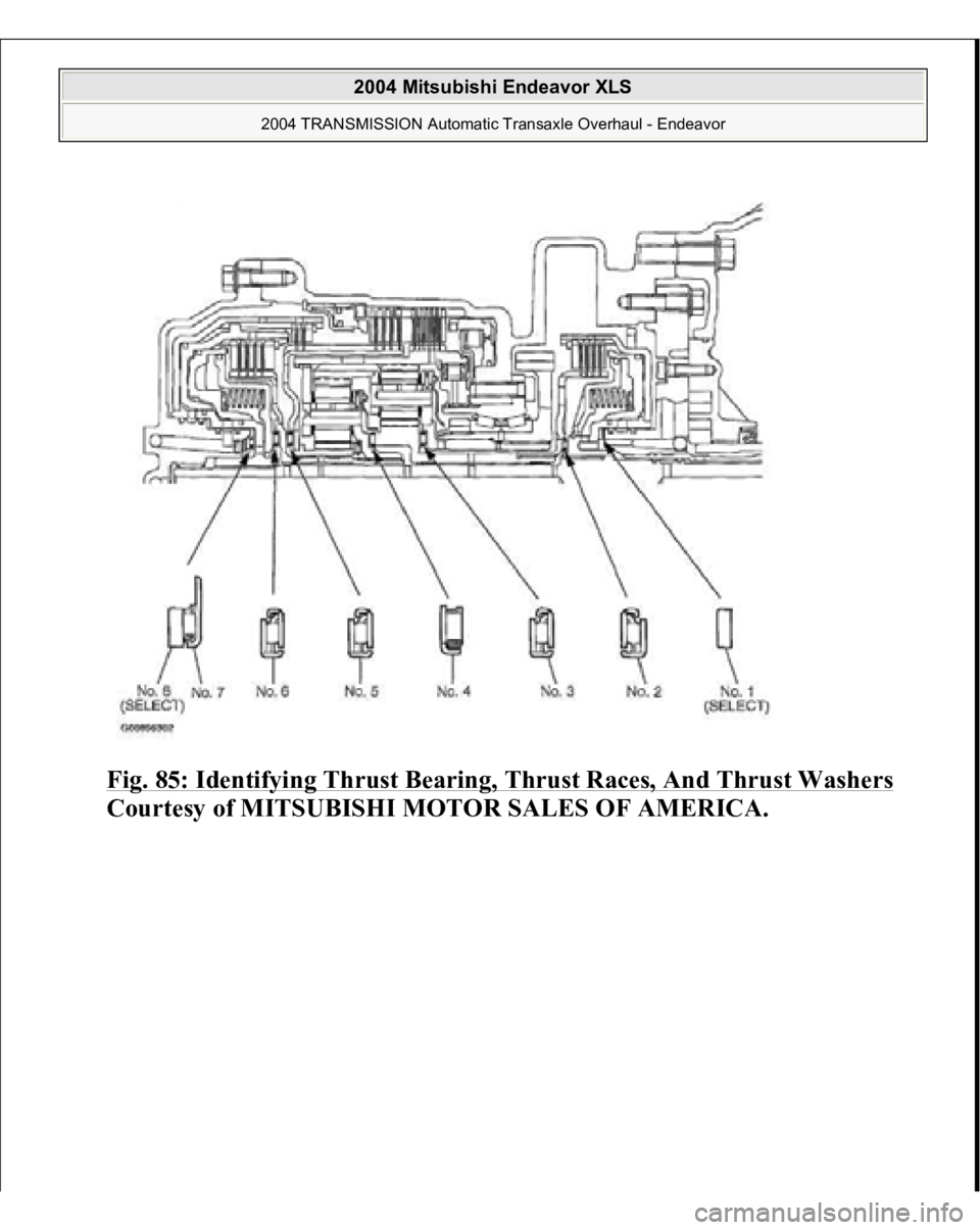 MITSUBISHI ENDEAVOR 2004  Service Repair Manual Fig. 85: Identifying Thrust Bearing, Thrust Races, And Thrust Washers
 
Courtesy of MITSUBISHI MOTOR SALES OF AMERICA.
 
2004 Mitsubishi Endeavor XLS 
2004 TRANSMISSION Automatic Transaxle Overhaul - 
