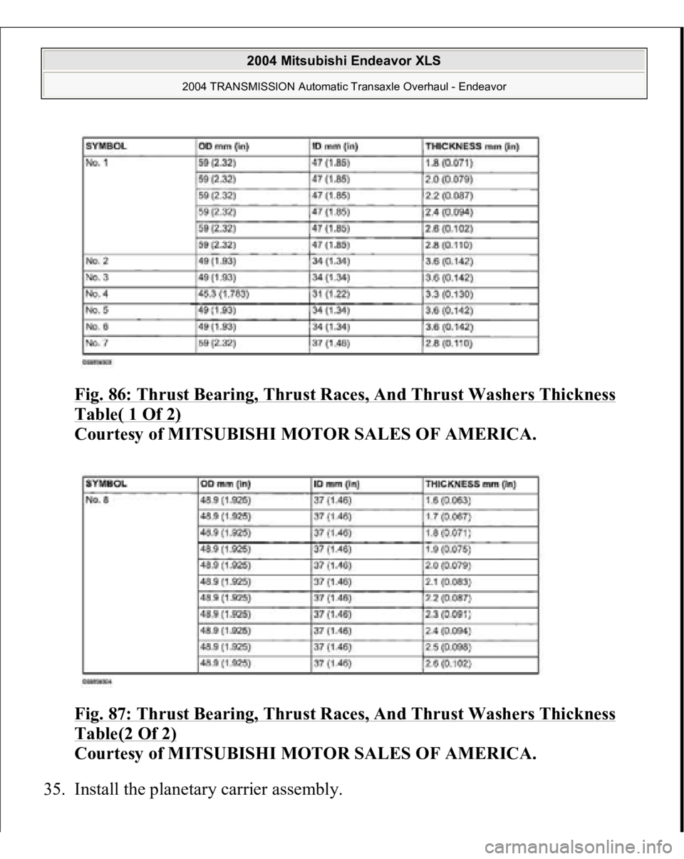 MITSUBISHI ENDEAVOR 2004  Service Repair Manual Fig. 86: Thrust Bearing, Thrust Races, And Thrust Washers Thickness Table( 1 Of 2)
 
Courtesy of MITSUBISHI MOTOR SALES OF AMERICA. 
Fig. 87: Thrust Bearing, Thrust Races, And Thrust Washers Thickness