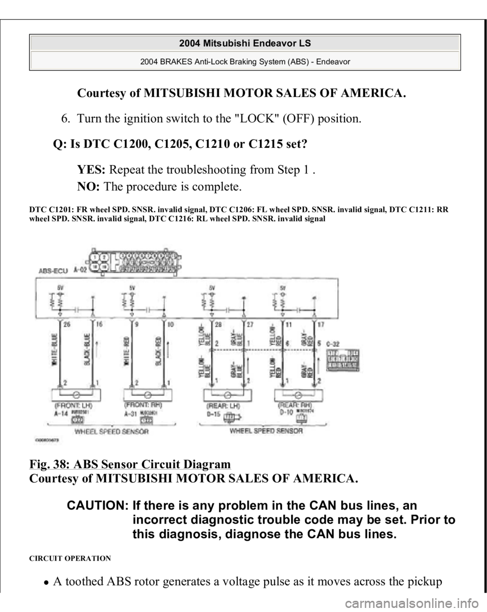 MITSUBISHI ENDEAVOR 2004 Service User Guide Courtesy of MITSUBISHI MOTOR SALES OF AMERICA
.
6. Turn the ignition switch to the "LOCK" (OFF) position.
Q: Is DTC C1200, C1205, C1210 or C1215 set?
YES: Repeat the troubleshooting from MITSUBISHI ENDEAVOR 2004 Service User Guide Courtesy of MITSUBISHI MOTOR SALES OF AMERICA
.
6. Turn the ignition switch to the "LOCK" (OFF) position.
Q: Is DTC C1200, C1205, C1210 or C1215 set?
YES: Repeat the troubleshooting from