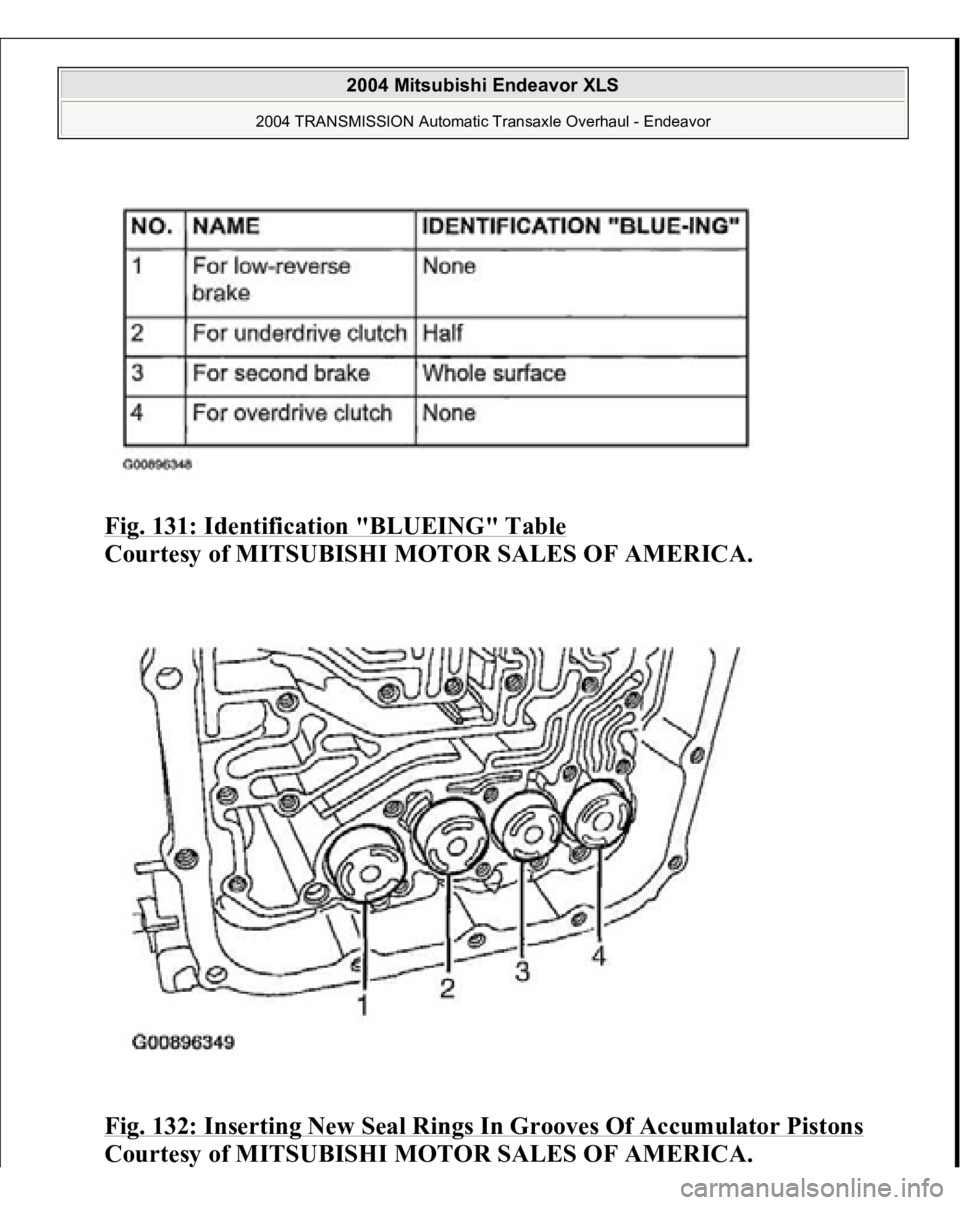 MITSUBISHI ENDEAVOR 2004  Service Repair Manual Fig. 131: Identification "BLUEING" Table
 
Courtesy of MITSUBISHI MOTOR SALES OF AMERICA. 
Fig. 132: Inserting New Seal Rings In Grooves Of Accumulator Pistons
 
Courtesy of MITSUBISHI MOTOR S