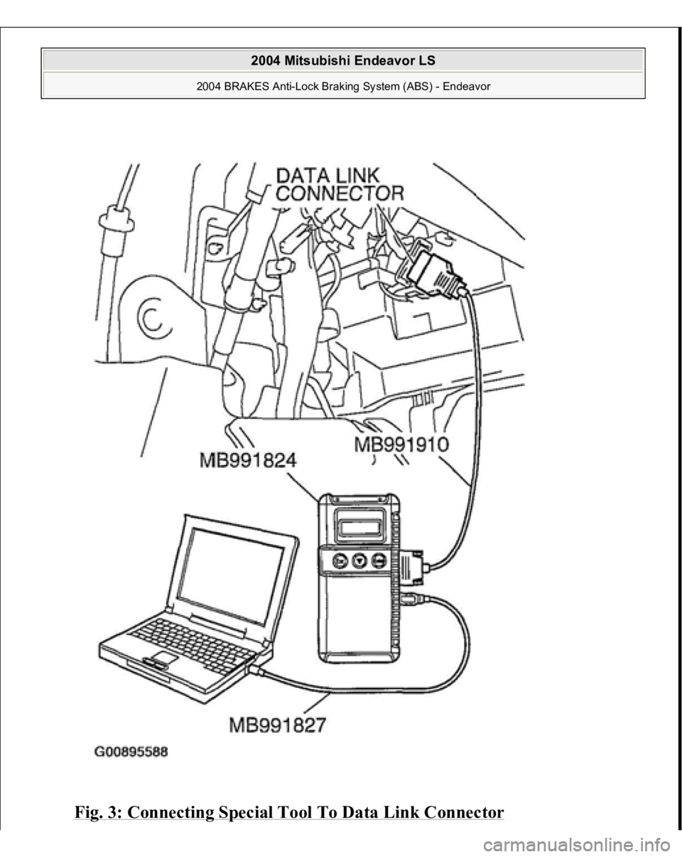 MITSUBISHI ENDEAVOR 2004  Service Repair Manual Fig. 3: Connecting Special Tool To Data Link Connector
 
2004 Mitsubishi Endeavor LS 
2004 BRAKES Anti-Lock Braking System (ABS) - Endeavor
   