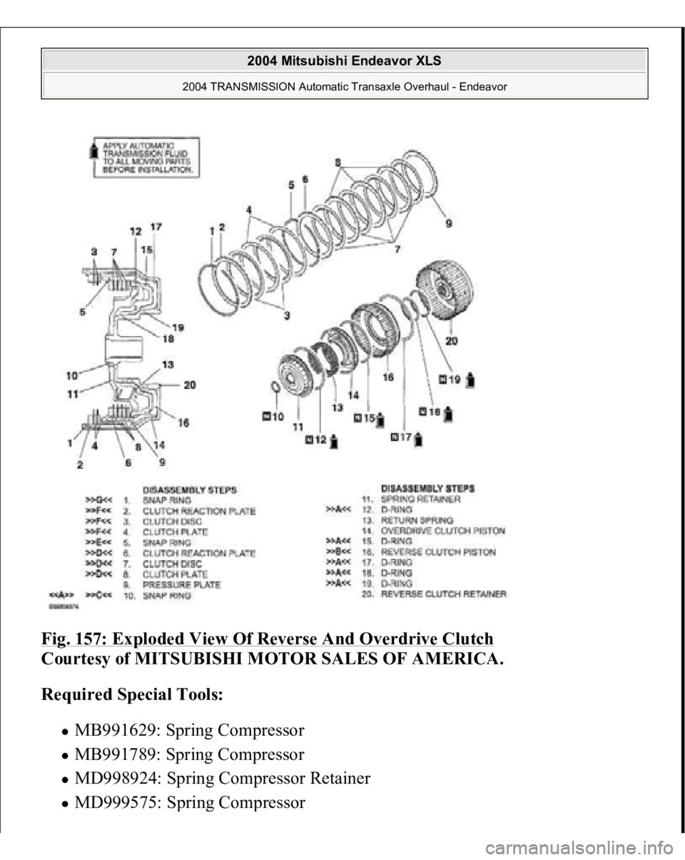 MITSUBISHI ENDEAVOR 2004  Service Repair Manual Fig. 157: Exploded View Of Reverse And Overdrive Clutch
 
Courtesy of MITSUBISHI MOTOR SALES OF AMERICA. 
Required Special Tools:  
MB991629: Spring Compressor  MB991789: Spring Compressor  MD998924: 