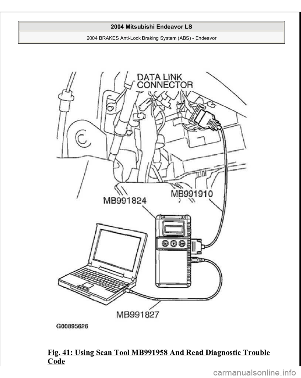 MITSUBISHI ENDEAVOR 2004  Service Manual PDF Fig. 41: Using Scan Tool MB991958 And Read Diagnostic Trouble Code
 
 
2004 Mitsubishi Endeavor LS 
2004 BRAKES Anti-Lock Braking System (ABS) - Endeavor
   