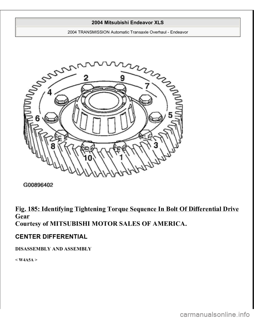 MITSUBISHI ENDEAVOR 2004  Service Repair Manual Fig. 185: Identif
ying Ti
ghtenin
g Tor
que Se
quence In Bolt Of Differential Drive 
Gear
 
Courtesy of MITSUBISHI MOTOR SALES OF AMERICA. 
CENTER DIFFERENTIAL DISASSEMBLY AND ASSEMBLY < W4A5A >  
200