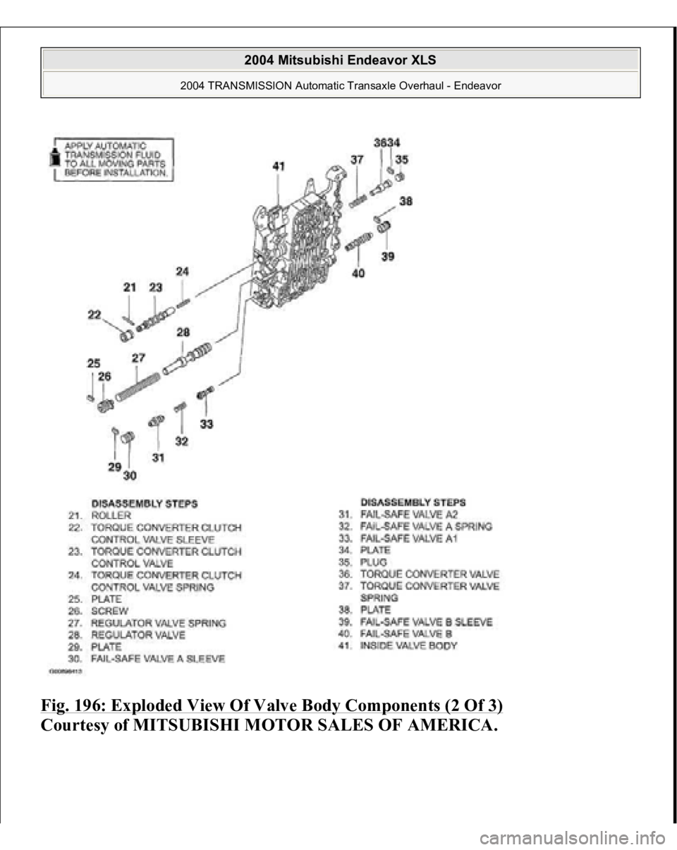 MITSUBISHI ENDEAVOR 2004  Service Repair Manual Fig. 196: Exploded View Of Valve Body Components (2 Of 3)
 
Courtesy of MITSUBISHI MOTOR SALES OF AMERICA.
 
2004 Mitsubishi Endeavor XLS 
2004 TRANSMISSION Automatic Transaxle Overhaul - Endeavor
   