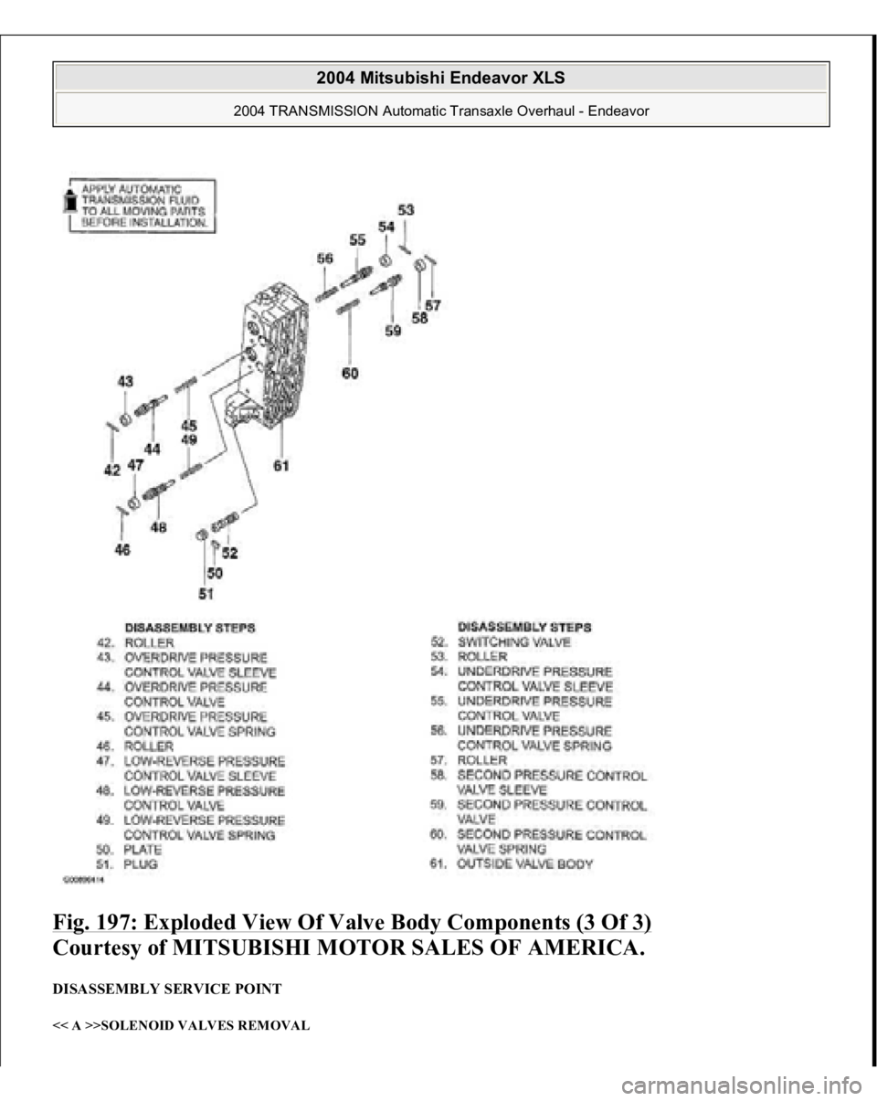 MITSUBISHI ENDEAVOR 2004  Service Repair Manual Fig. 197: Exploded View Of Valve Body Components (3 Of 3)
 
Courtesy of MITSUBISHI MOTOR SALES OF AMERICA. 
DISASSEMBLY SERVICE POINT << A >>SOLENOID VALVES REMOVAL  
2004 Mitsubishi Endeavor XLS 
200