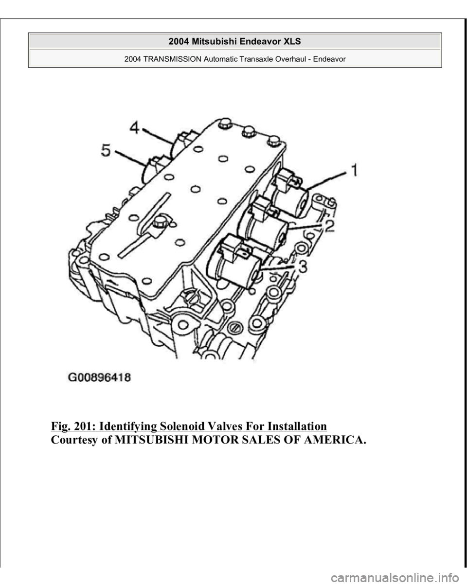 MITSUBISHI ENDEAVOR 2004  Service Repair Manual Fig. 201: Identifying Solenoid Valves For Installation
 
Courtesy of MITSUBISHI MOTOR SALES OF AMERICA.
 
2004 Mitsubishi Endeavor XLS 
2004 TRANSMISSION Automatic Transaxle Overhaul - Endeavor
   