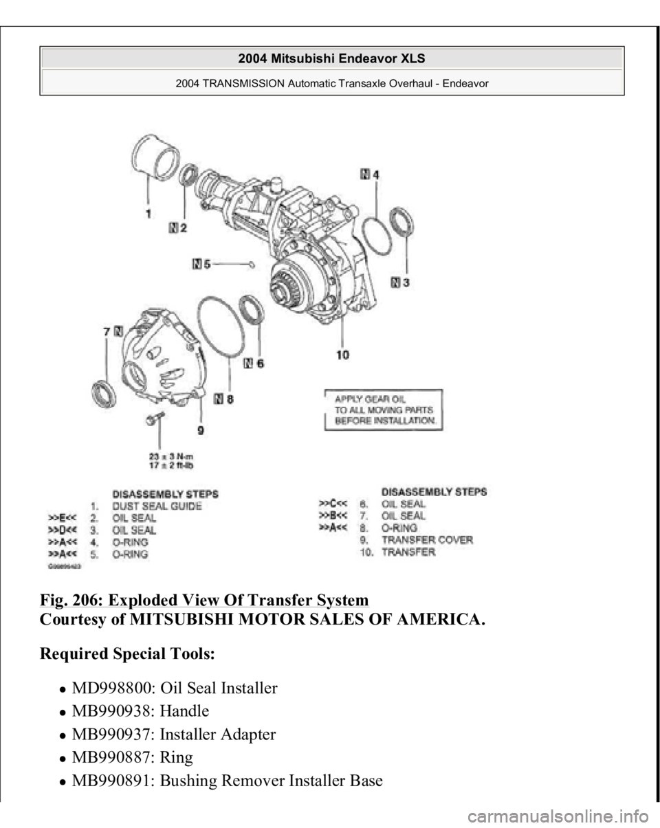 MITSUBISHI ENDEAVOR 2004  Service Repair Manual Fig. 206: Exploded View Of Transfer System
 
Courtesy of MITSUBISHI MOTOR SALES OF AMERICA. 
Required Special Tools:  
MD998800: Oil Seal Installer  MB990938: Handle  MB990937: Installer Adapter  MB99