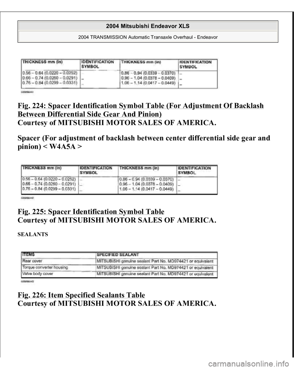 MITSUBISHI ENDEAVOR 2004  Service Repair Manual Fig. 224: Spacer Identification Symbol Table (For Adjustment Of Backlash Between Differential Side Gear And Pinion)
 
Courtesy of MITSUBISHI MOTOR SALES OF AMERICA. 
Spacer (For adjustment of backlash