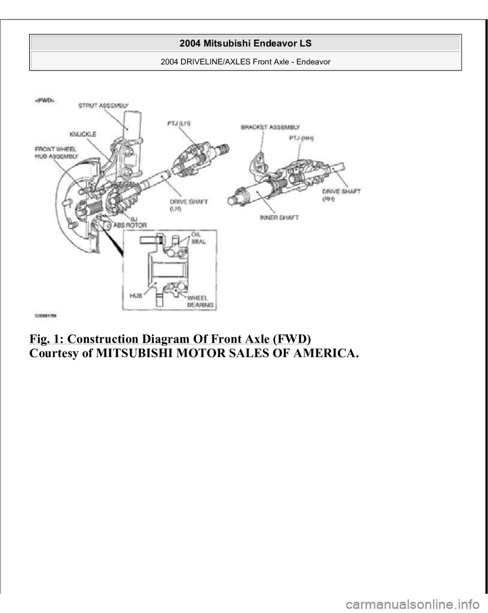 MITSUBISHI ENDEAVOR 2004  Service Repair Manual Fig. 1: Construction Diagram Of Front Axle (FWD)
 
Courtesy of MITSUBISHI MOTOR SALES OF AMERICA.
 
2004 Mitsubishi Endeavor LS 
2004 DRIVELINE/AXLES Front Axle - Endeavor
   