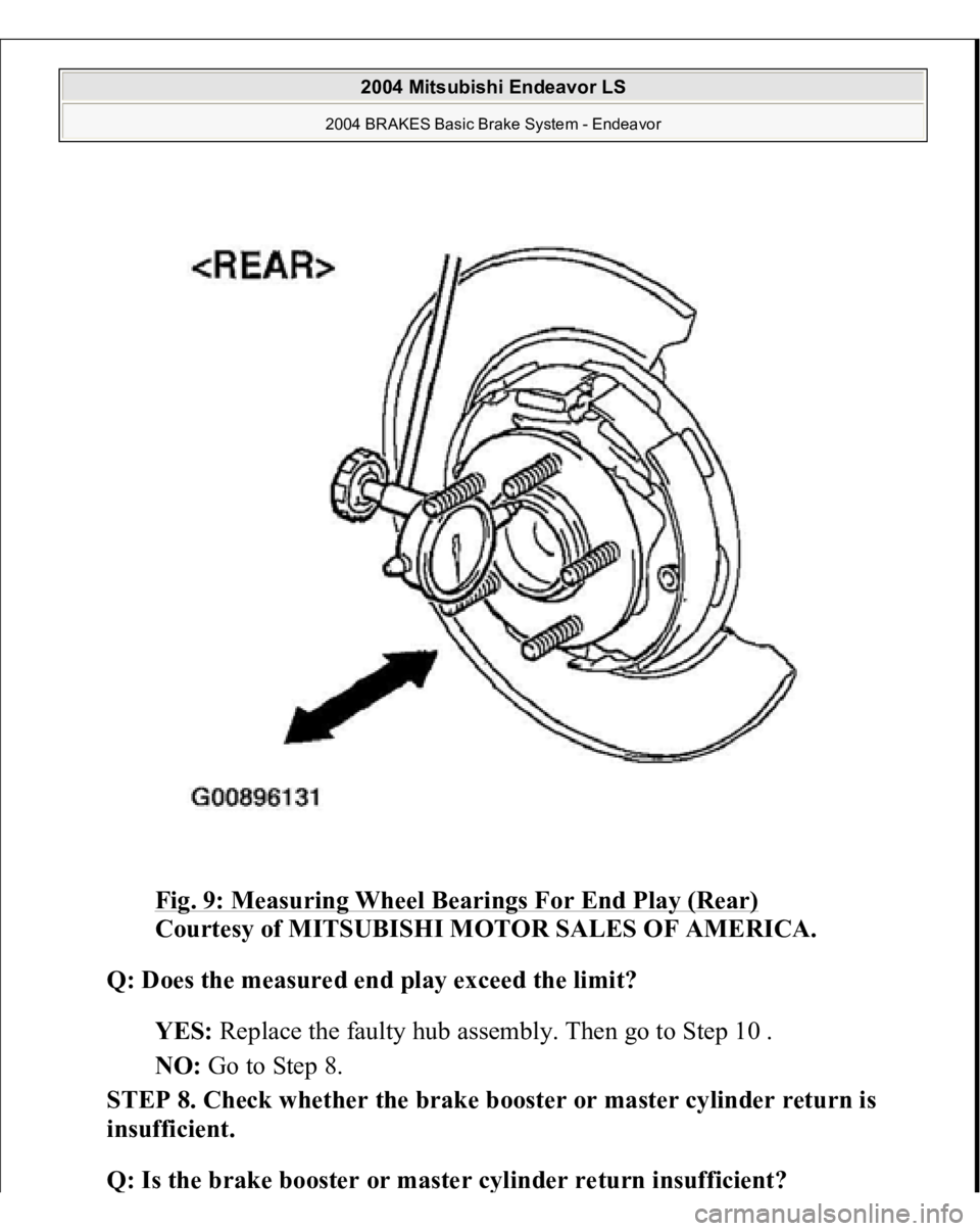 MITSUBISHI ENDEAVOR 2004  Service Repair Manual Fig. 9: Measuring Wheel Bearings For End Play (Rear)
 
Courtesy of MITSUBISHI MOTOR SALES OF AMERICA. 
Q: Does the measured end play exceed the limit?  
YES: Replace the faulty hub assembly. Then go t